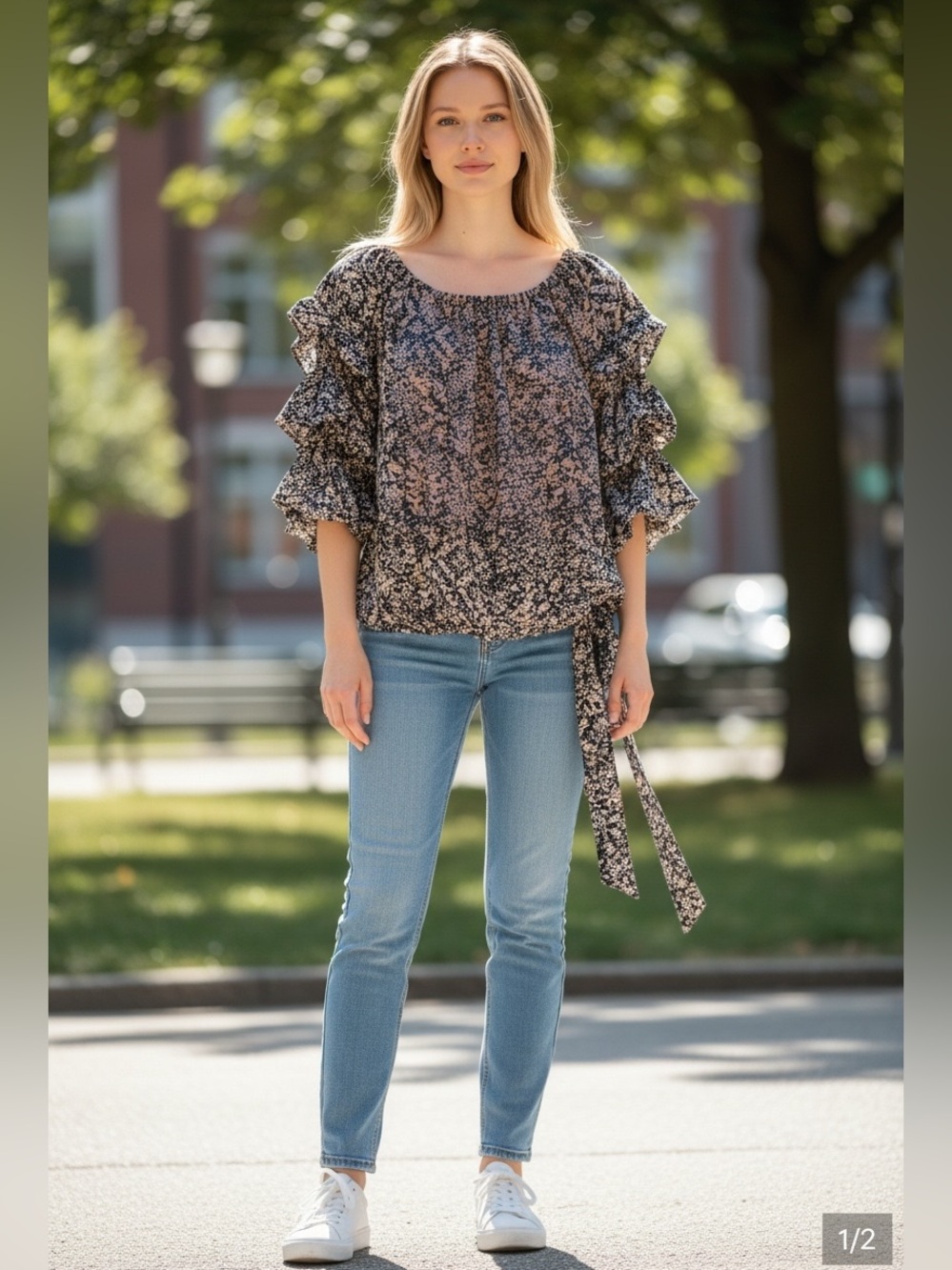 CeCe Black Floral Puff-Sleeve Tie-Waist Blouse